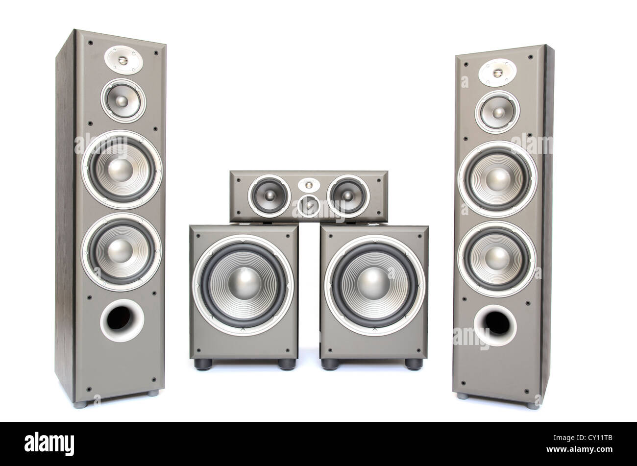 Una elevata fedeltà audio surround sistema isolato su bianco Foto Stock