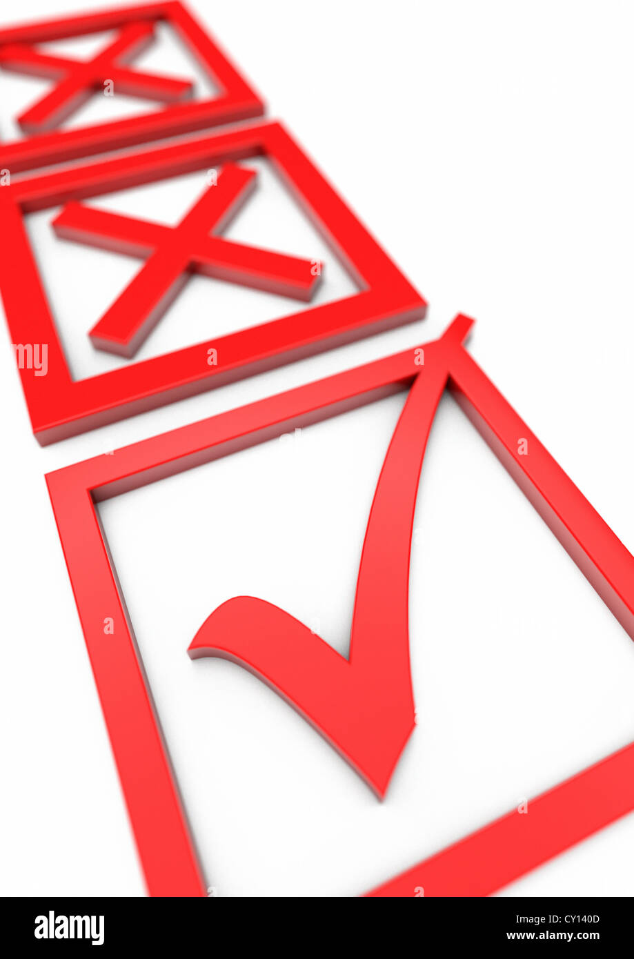 3D render di un riempito in foglio di votazione con due croci in background e un segno di spunta in primo piano - Concetto di immagine Foto Stock