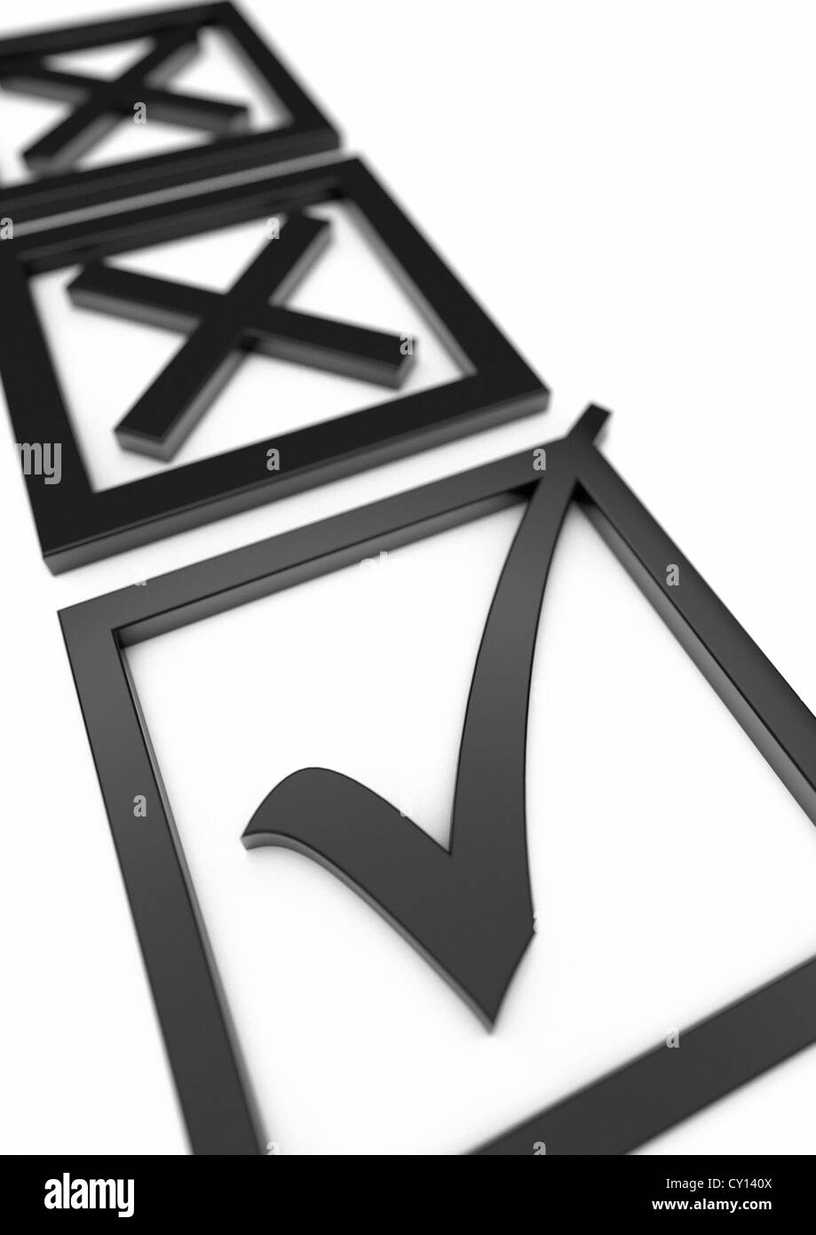 3D render di un riempito in foglio di votazione con due croci in background e un segno di spunta in primo piano - Concetto di immagine Foto Stock