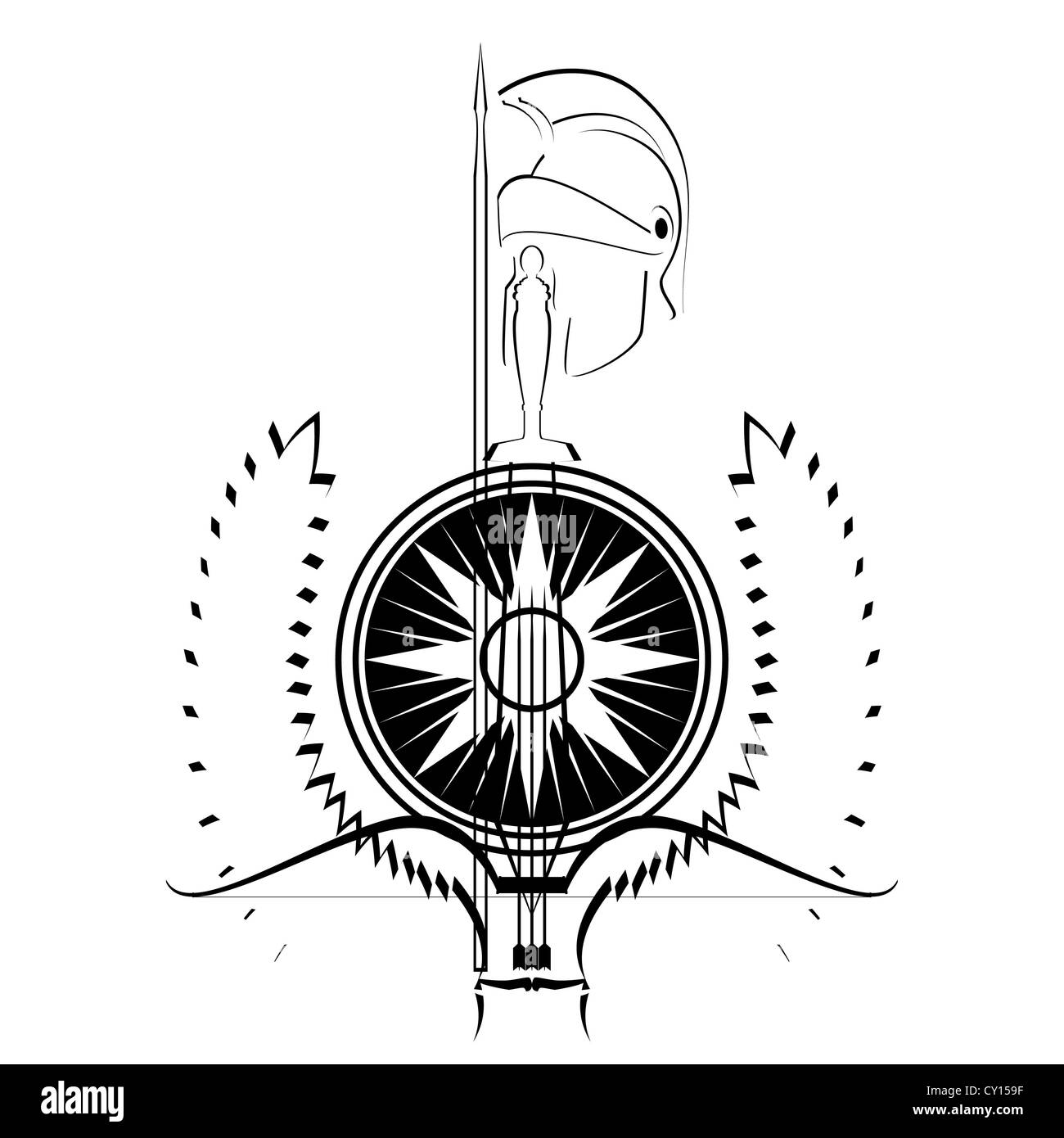 Armi e armature dell antico guerriero. Contorno bianco e nero illustrazione su uno sfondo bianco. Foto Stock
