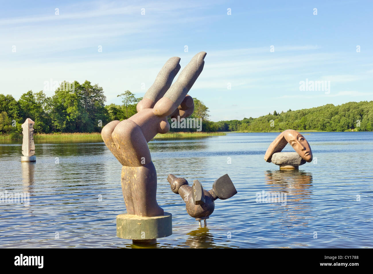 Bagnante,Wwild Duck, disperazione. Dominio pubblico sculture di granito nelle fredde acque del lago. Foto Stock
