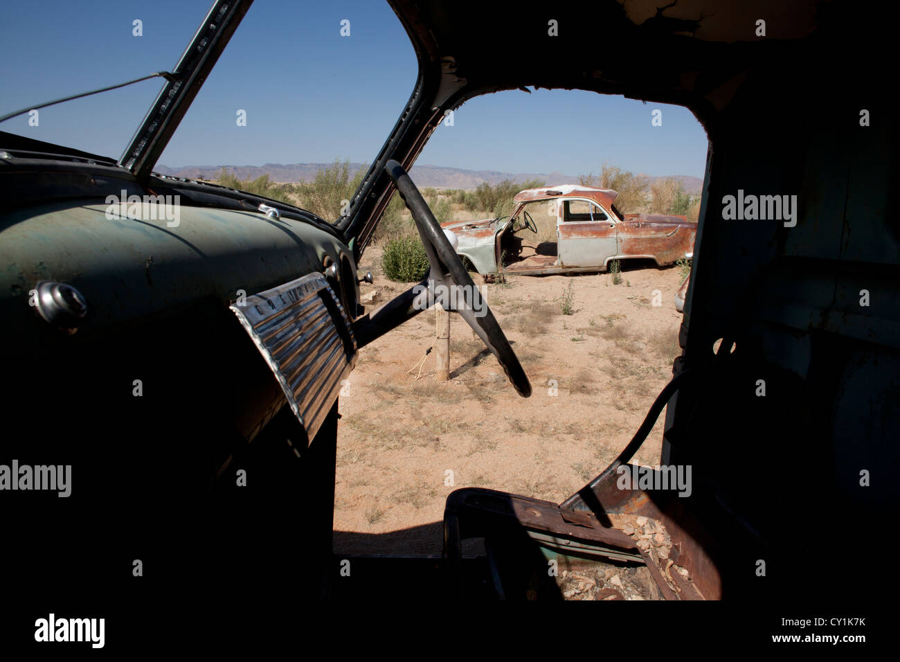 Vecchia auto rottami a solitair, Namibia Foto Stock