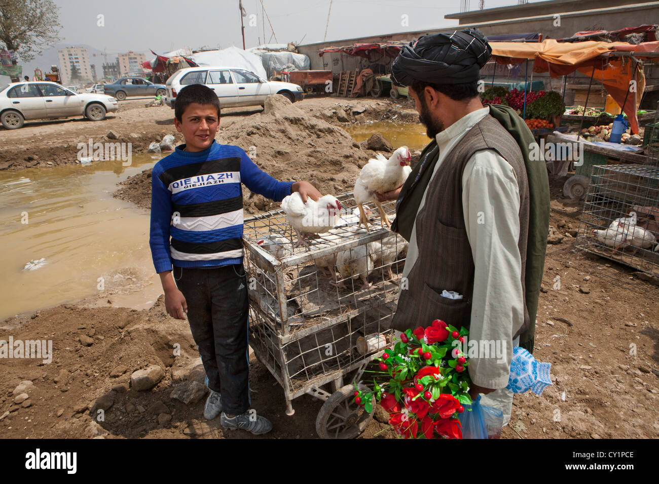 Le vendite di pollo uomo a Kabul, Afghanistan Foto Stock