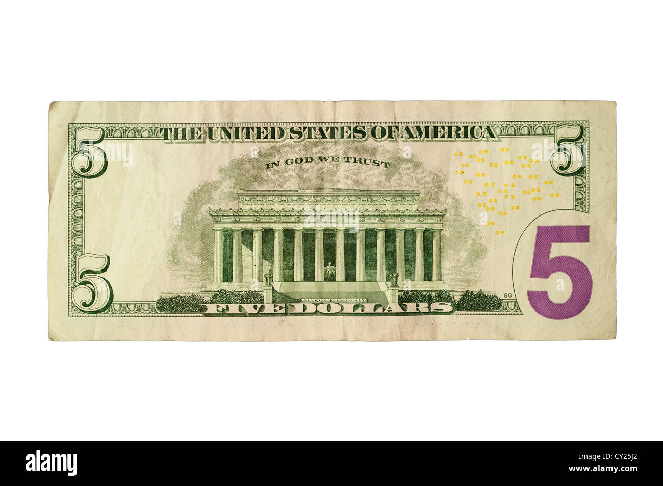 Il retro di un cinque dollar nota ( moneta americana ) su sfondo bianco Foto Stock