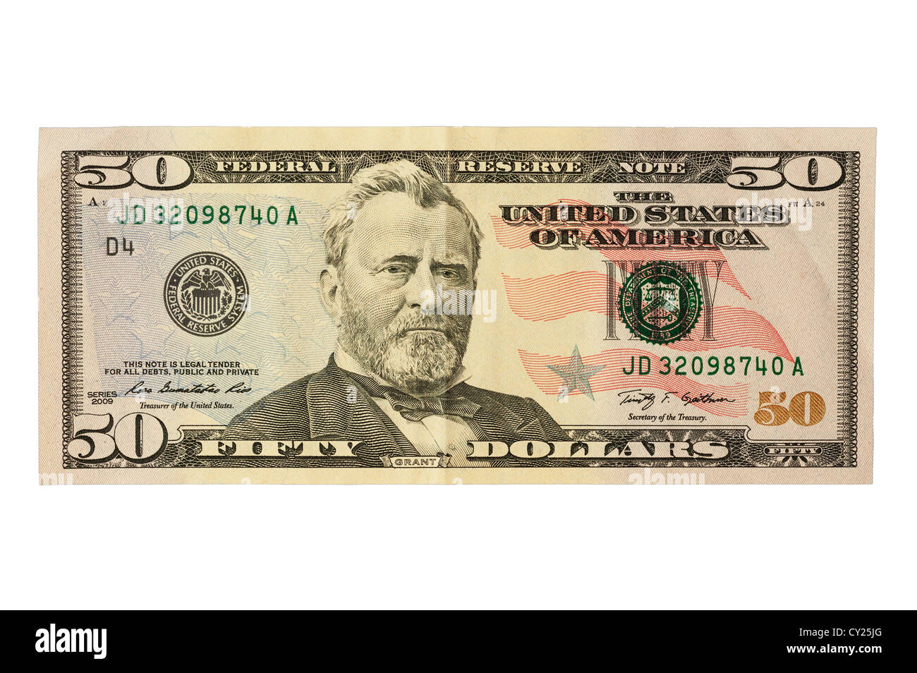 Una cinquantina di dollar nota ( moneta americana ) su sfondo bianco Foto Stock