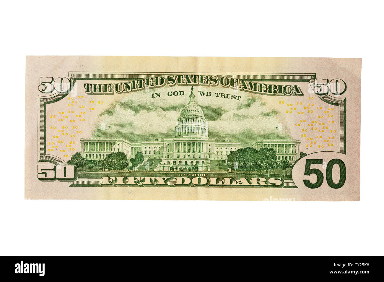 Il retro di una cinquantina di dollar nota ( moneta americana ) su sfondo bianco Foto Stock