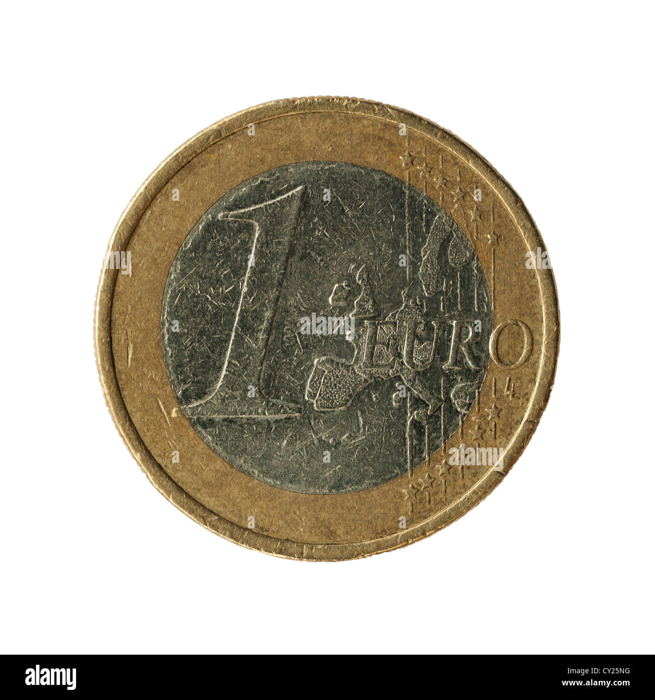 Una moneta euro su sfondo bianco Foto Stock