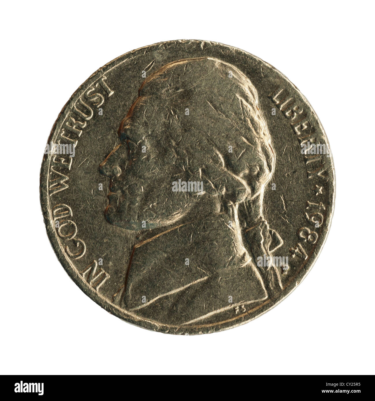 A cinque centesimi moneta ( moneta americana ) su sfondo bianco Foto Stock