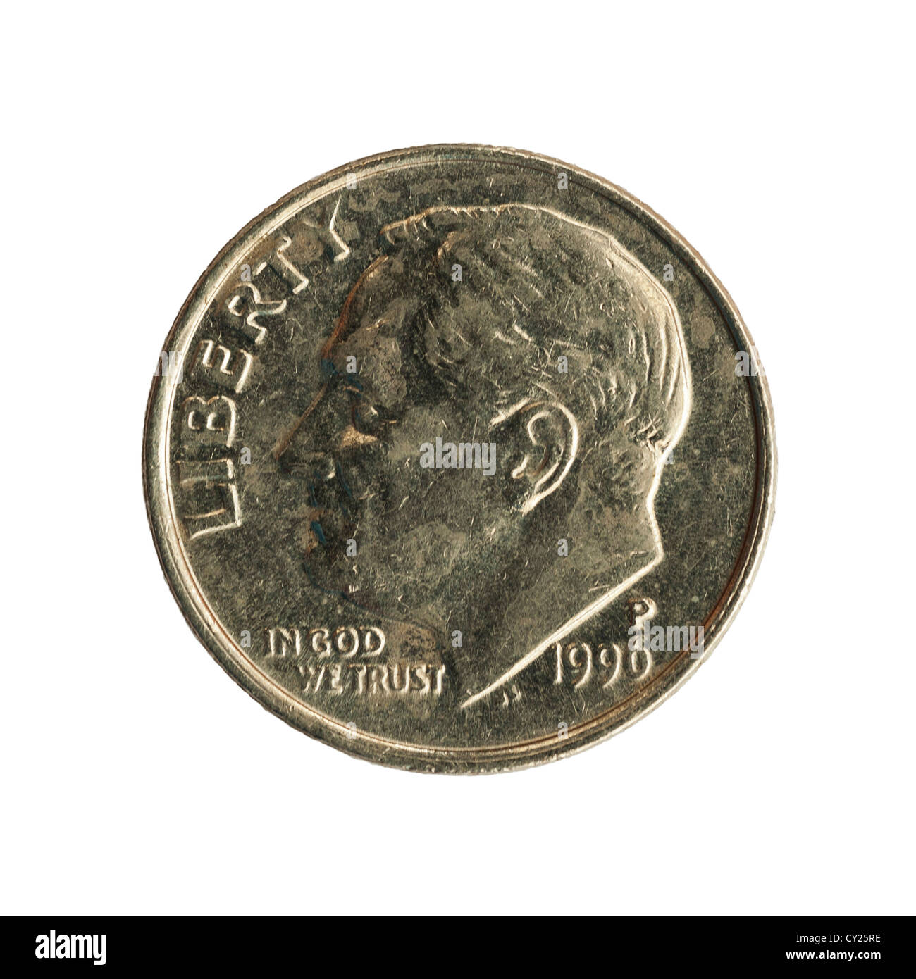 Una monetina moneta ( moneta americana ) su sfondo bianco Foto Stock