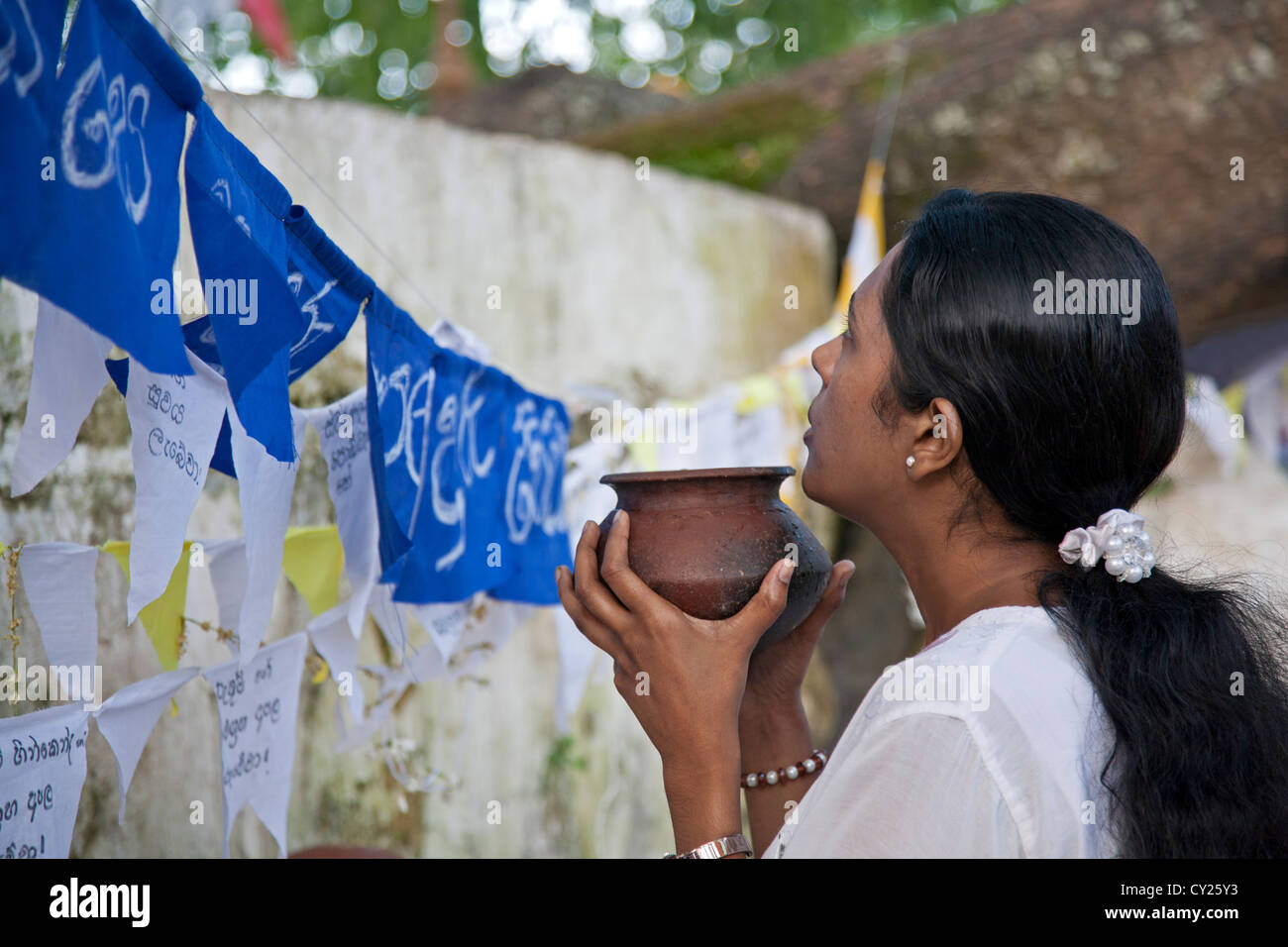 Donna orante e offrendo un vaso di acqua al Sacro Bodhi tree. Tempio della Sacra Reliquia del Dente. Kandy. Sri Lanka Foto Stock