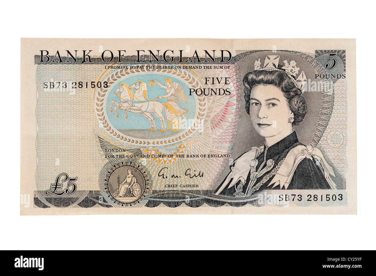 Un vecchio stile di cinque pound nota ( valuta inglese ) su sfondo bianco Foto Stock