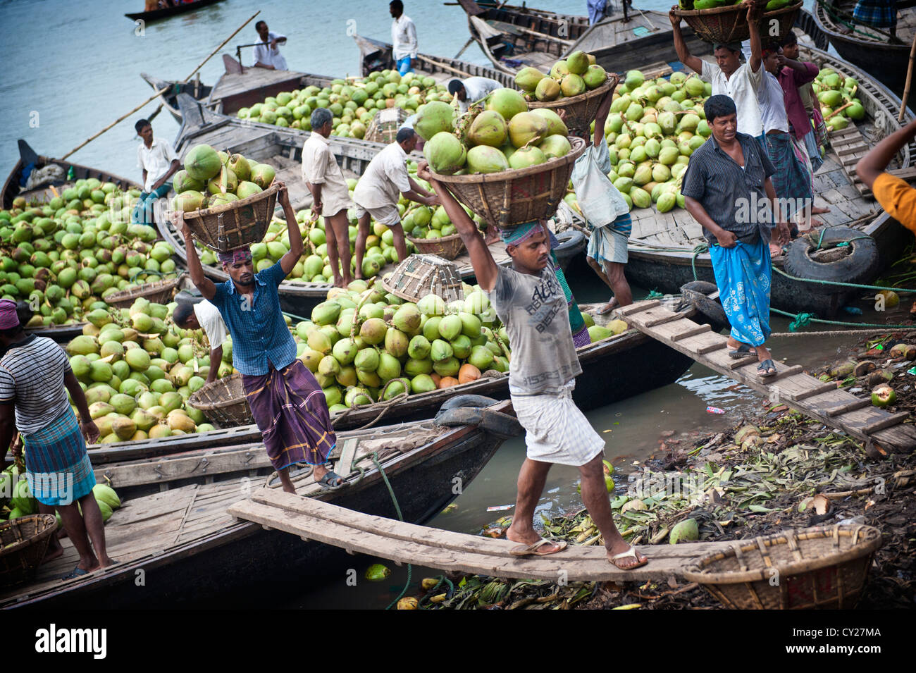 Noci di cocco sul fiume Buriganga, Bangladesh Foto Stock