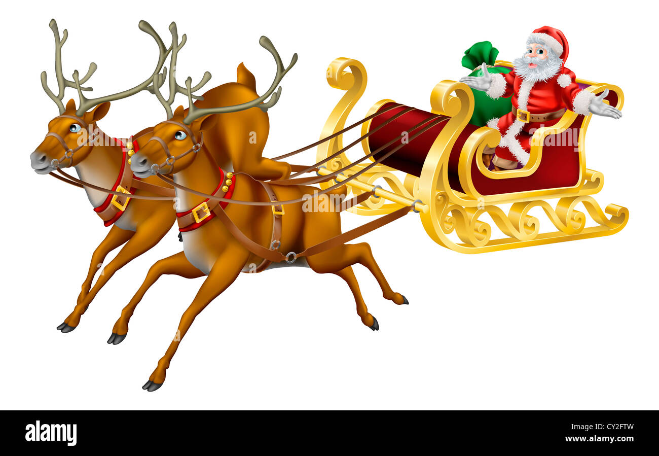 Illustrazione della Santa nella sua slitta di Natale trainato da renne Foto Stock