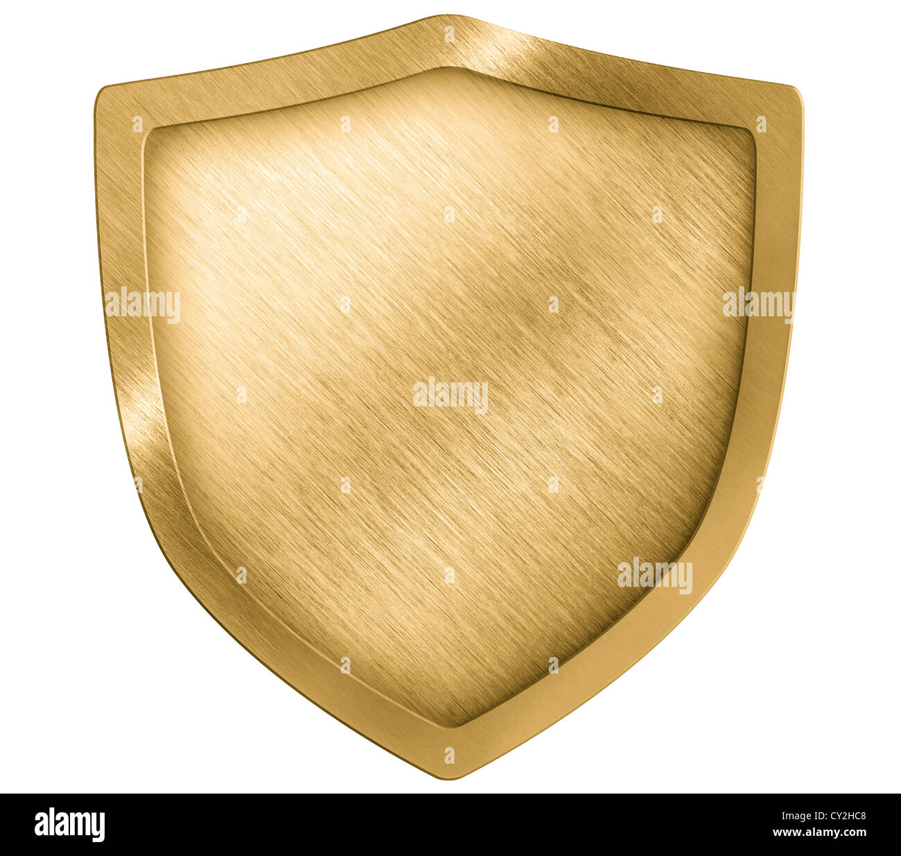 Golden la protezione in metallo o cresta isolato su bianco Foto Stock