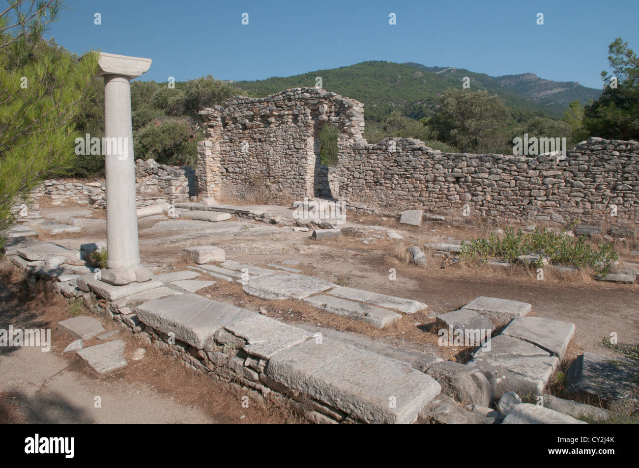 Thassos, Grecia. Isola greca. Settembre. Rovine di due basiliche paleocristiane sul penninsula presso Alyki o Aliki Foto Stock