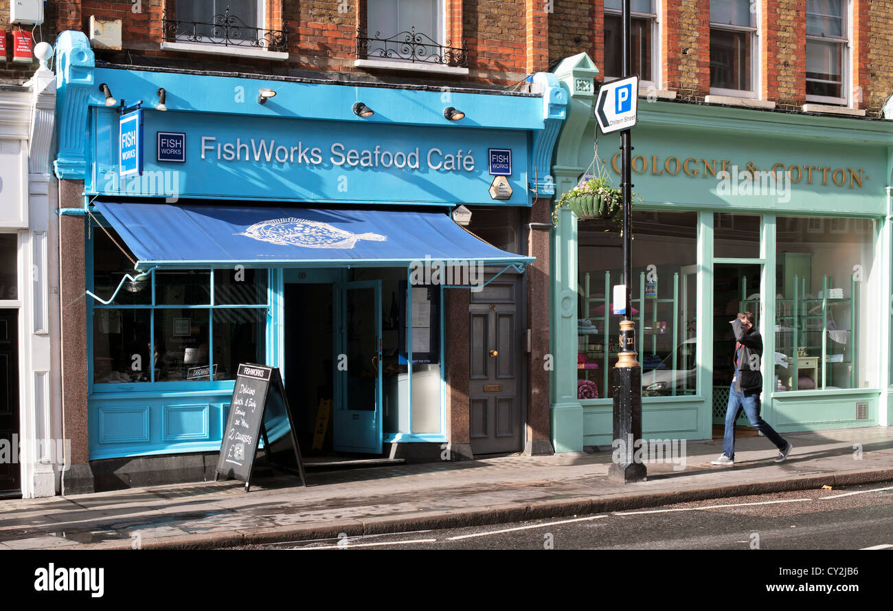 Frutti di mare Fishworks cafe, Marylebone High Street, London, England, Regno Unito, Europa Foto Stock