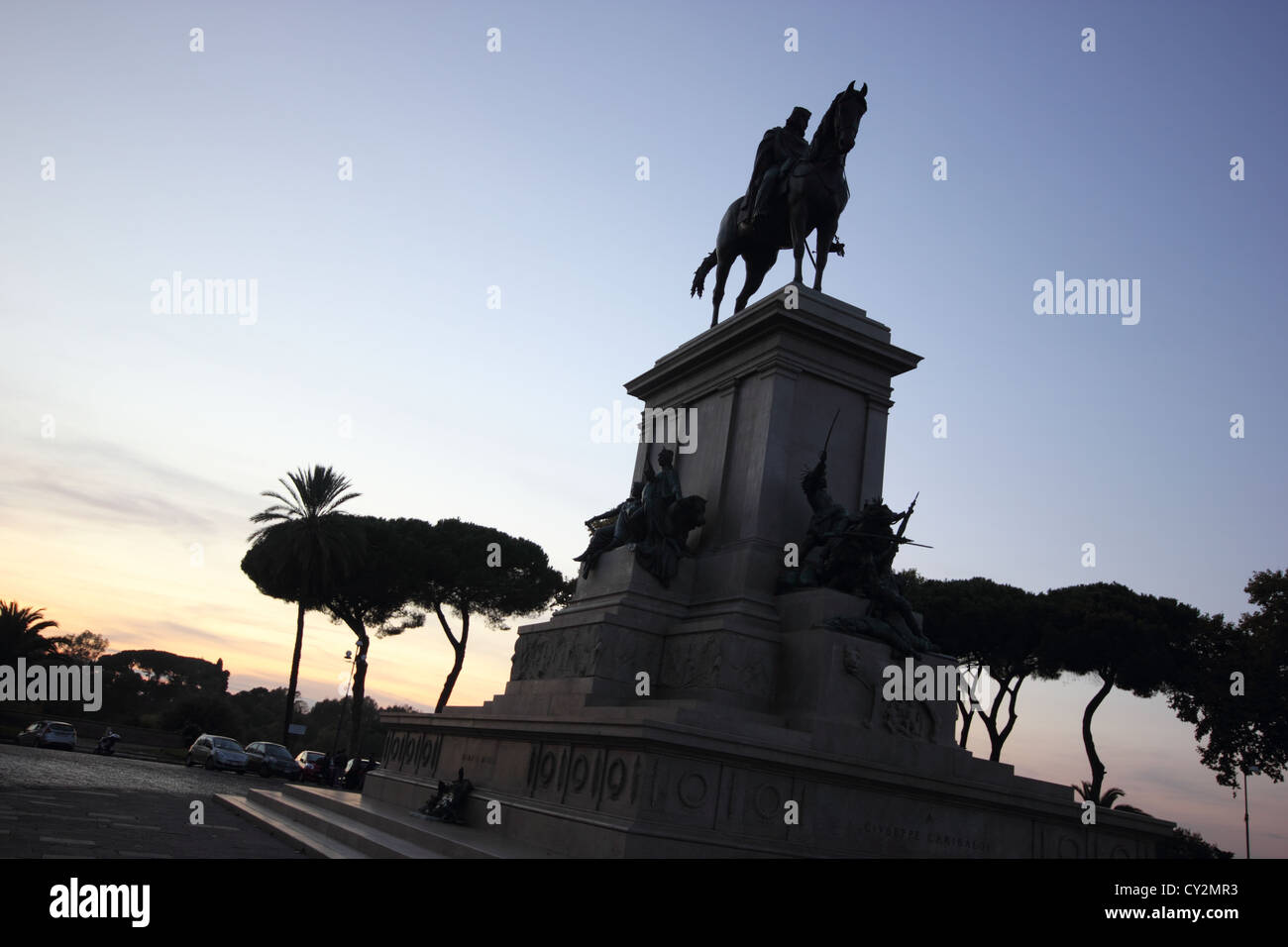 Roma, il Gianicolo, Roma, il famoso monumento equestre dedicato a Giuseppe Garibaldi al Gianicolo Roma Foto Stock