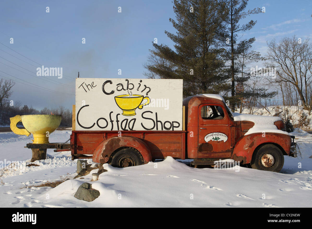 Il segno per la cabina Coffee Shop in Amery Wisconsin. Foto Stock