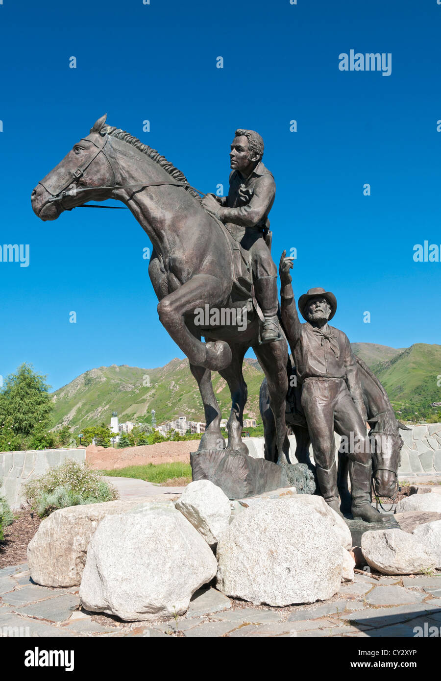 Utah, Salt Lake City, "Questo è il posto che fa' Heritage Park, nazionale Pony Express monumento Foto Stock