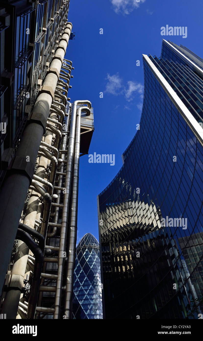 Willis, Lloyds e Swiss Re Gherkin edifici, Lime Street, il Quartiere Finanziario, Square Mile, City of London, Regno Unito Foto Stock