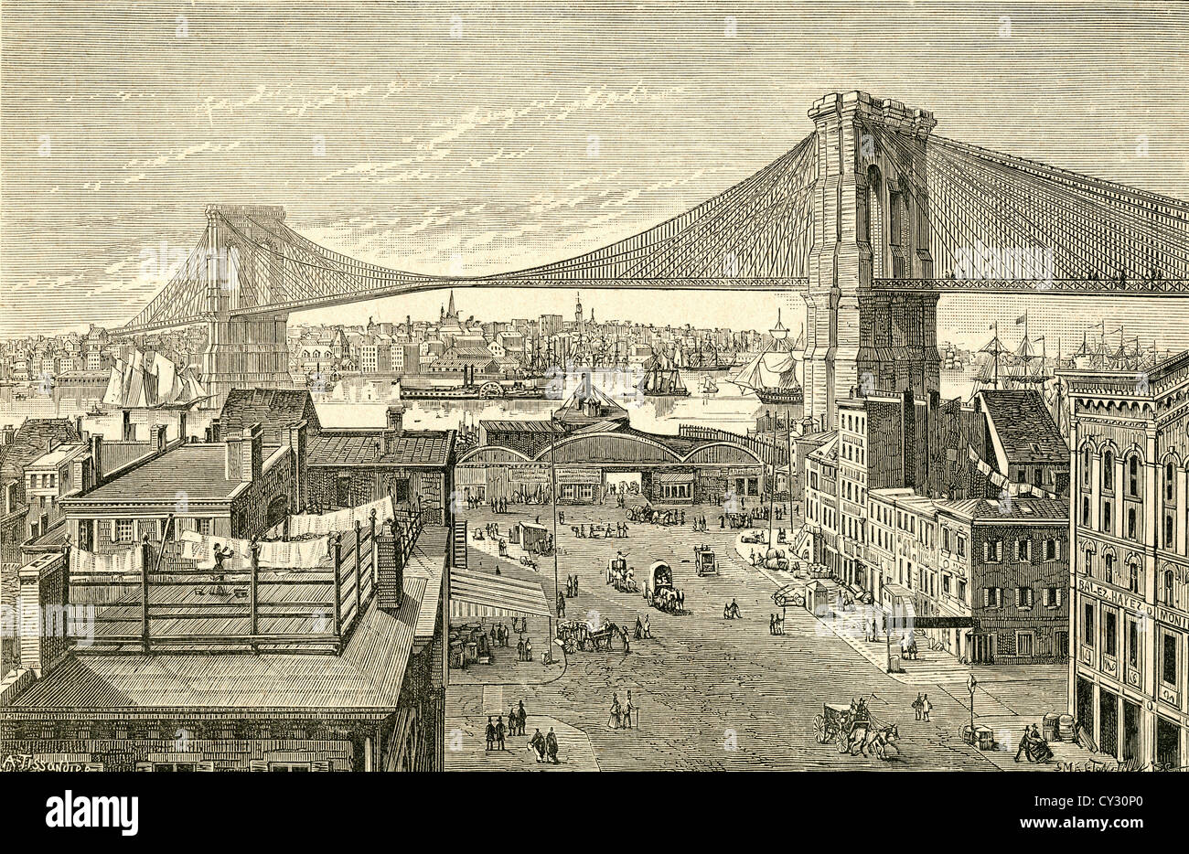 Ponte di Brooklyn, New York, Stati Uniti d'America nel XIX secolo. Foto Stock