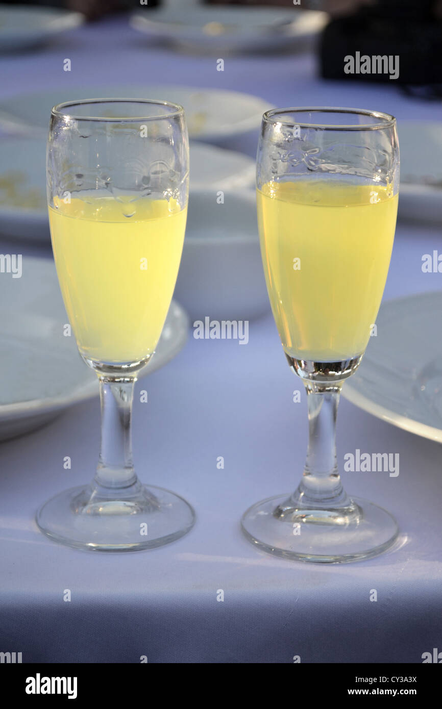 Due bicchieri di Limoncello al matrimonio, vicino ad Ancona, Italia centrale. Foto Stock