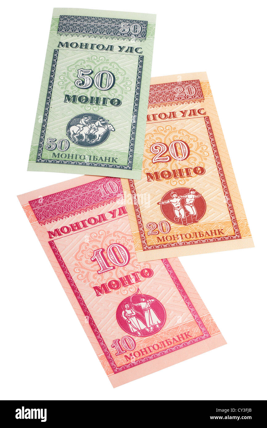 Mongolia carta moneta 1993 10 20 e 50 mohro Foto Stock