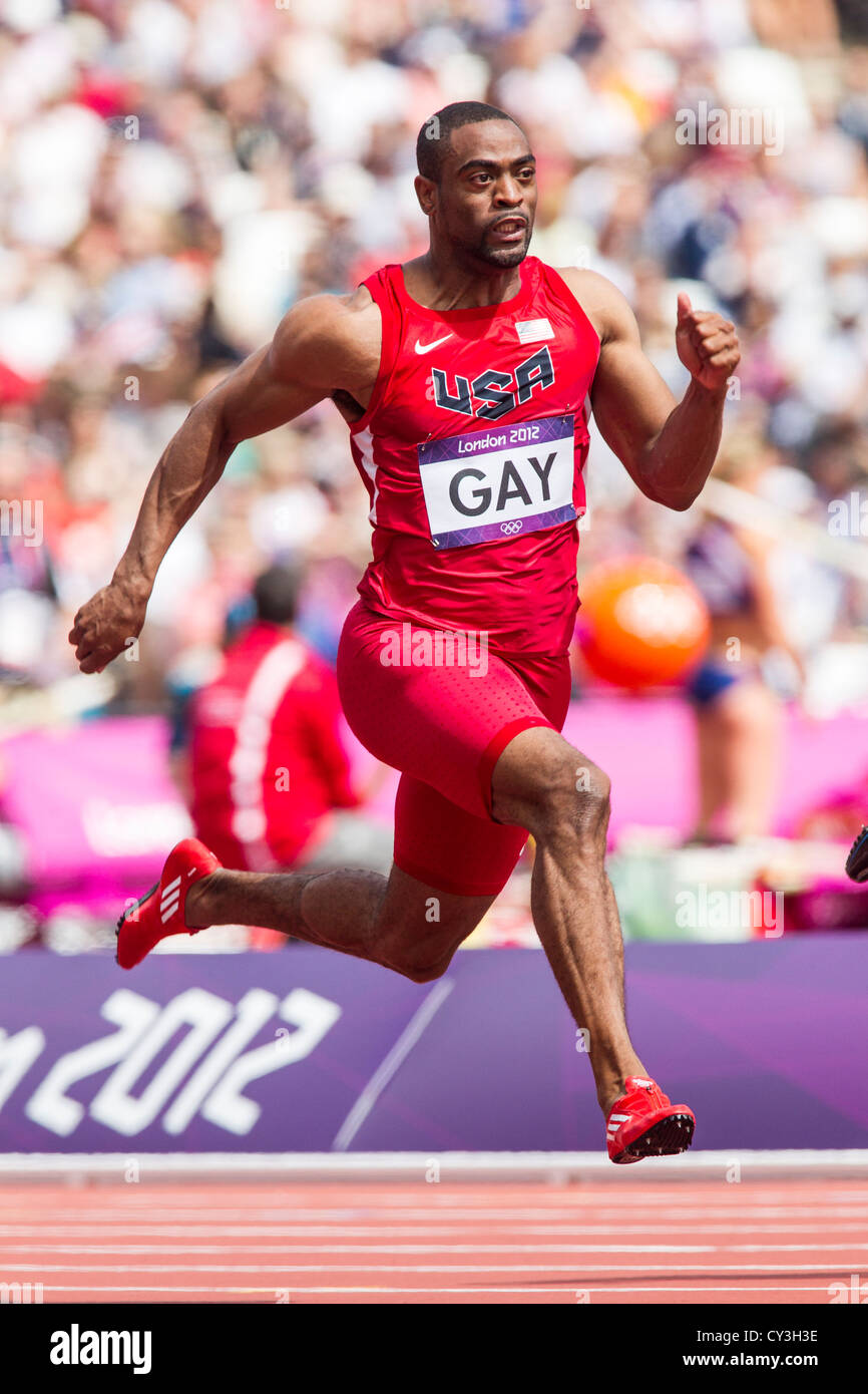 Tyson Gay (USA) concorrenti negli uomini della 100m Round 1 in corrispondenza delle Olimpiadi estive di Londra, 2012 Foto Stock