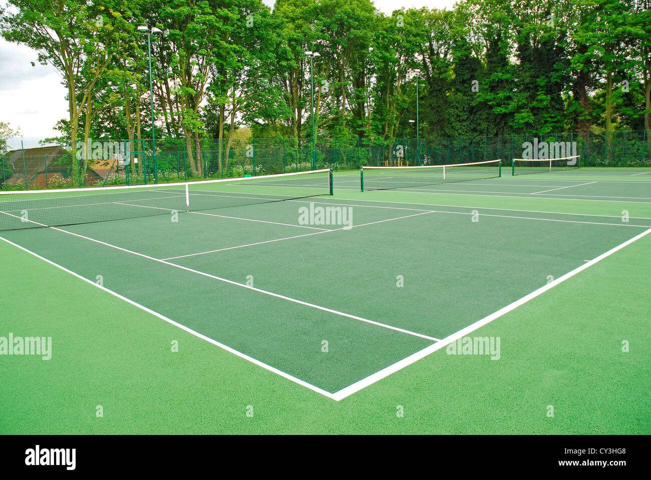 Un disco moderno campo da tennis con alberi in background. Le linee bianche si stagliano contro i toni di verde della corte raddoppia. La corte è impostato in un parco pubblico con campi da gioco. Foto Stock