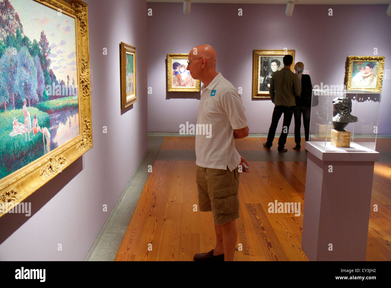 Portland Maine,New England,Congress Square,Portland Museum of Art,uomo uomini maschio adulti,guardando,pittura,incorniciata,visitatori viaggio trave Foto Stock