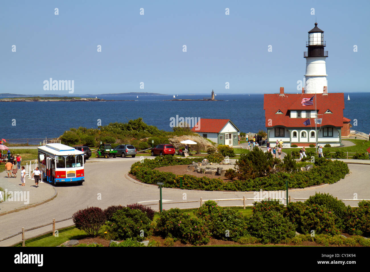 Portland, Maine, Cape Elizabeth, Portland Head Light, faro, Keeper's Quarters, Fort ft. Williams Park, trolley, casco Bay, Oceano Atlantico, acqua, ME1208260 Foto Stock