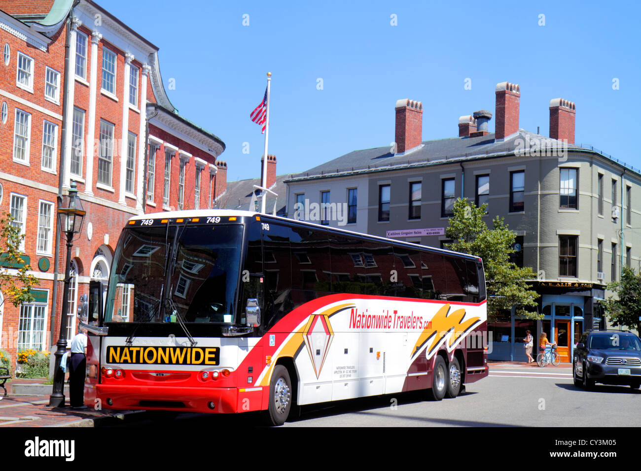New Hampshire, Portsmouth, Piazza del mercato, Congress Street, autobus, pullman, visitatori viaggio di viaggio turismo turistico punto di riferimento cultura culturale, va Foto Stock