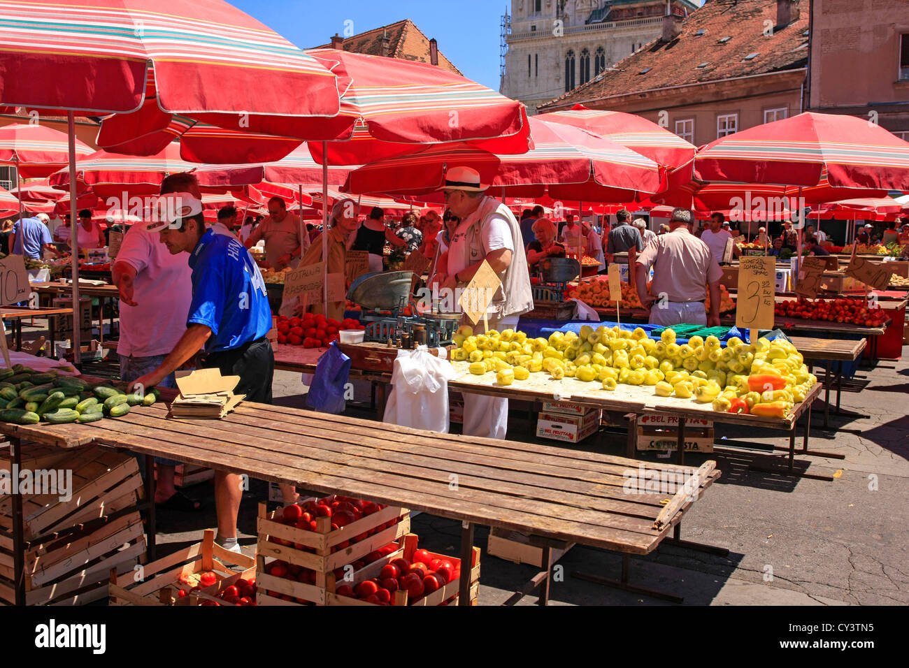 Red ombrelloni ombra il prodotto presso il mercato domenicale in Piazza Dolac Zagreb Foto Stock