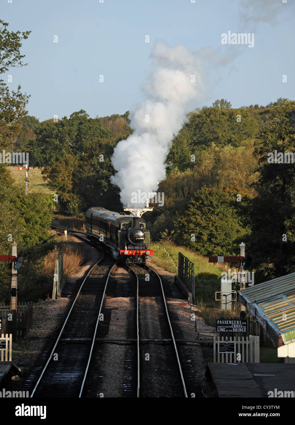 Locomotiva a vapore treno a Sheffield Park Station sulla linea Bluebell SUSSEX REGNO UNITO Foto Stock