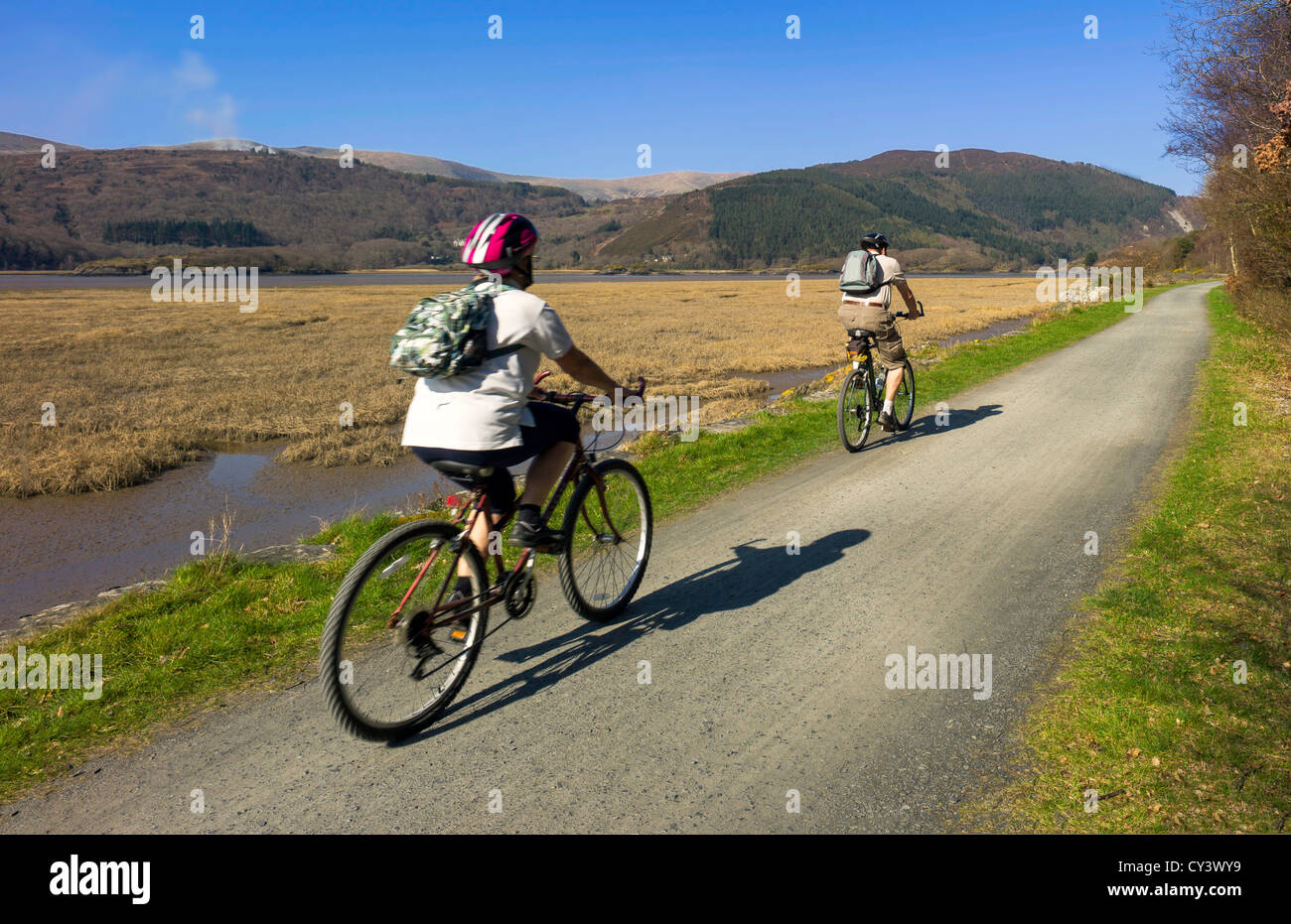 Due adulti maschi e ciclo femminile lontano dalla telecamera lungo il sentiero Mawddach, fiume e boscoso paesaggio di montagna, cielo blu Foto Stock