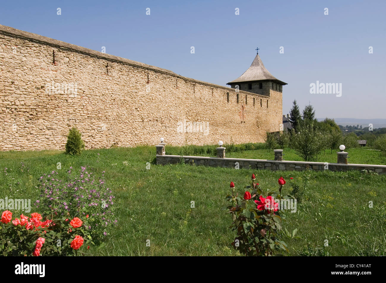 Probota Monastero, vista esterna, Sud Bucovina, Moldavia, Romania Foto Stock