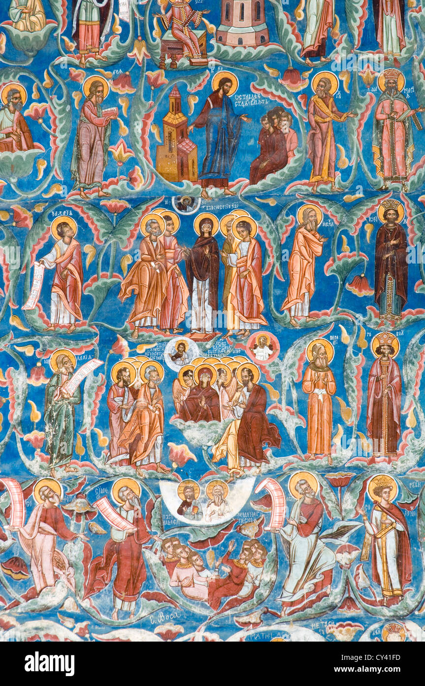 Chiesa dell'Annunciazione del Monastero Moldovita, pitture murali, Moldavia, Romania Foto Stock