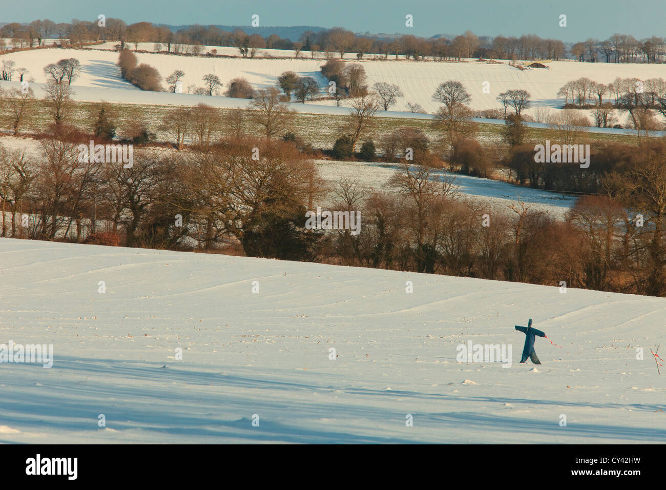 Europa, Francia, Bretagna Morbihan (56) spaventapasseri in un paesaggio innevato al Faouet Foto Stock