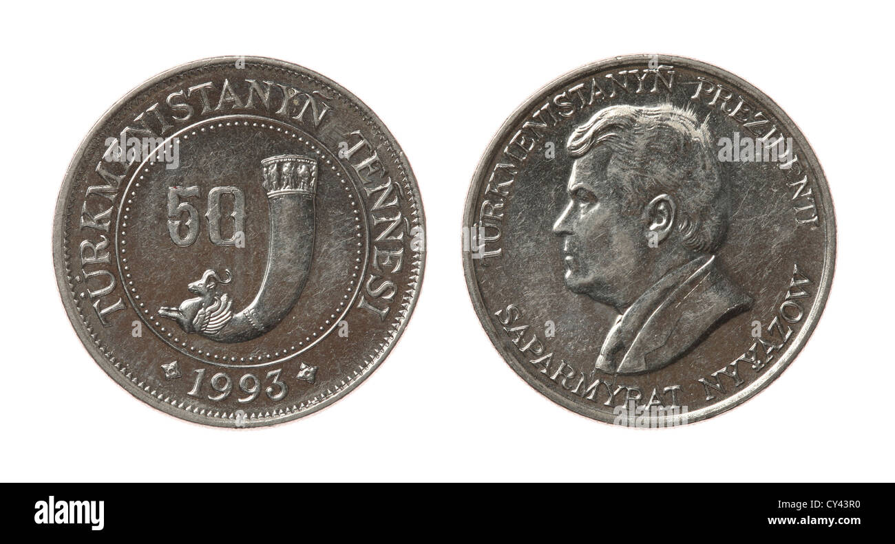 Vecchia Turkmenistan 50 tenge moneta raffigurante il Presidente Saparmurat Nijazov. Complementare e retromarcia isolato su bianco. Foto Stock