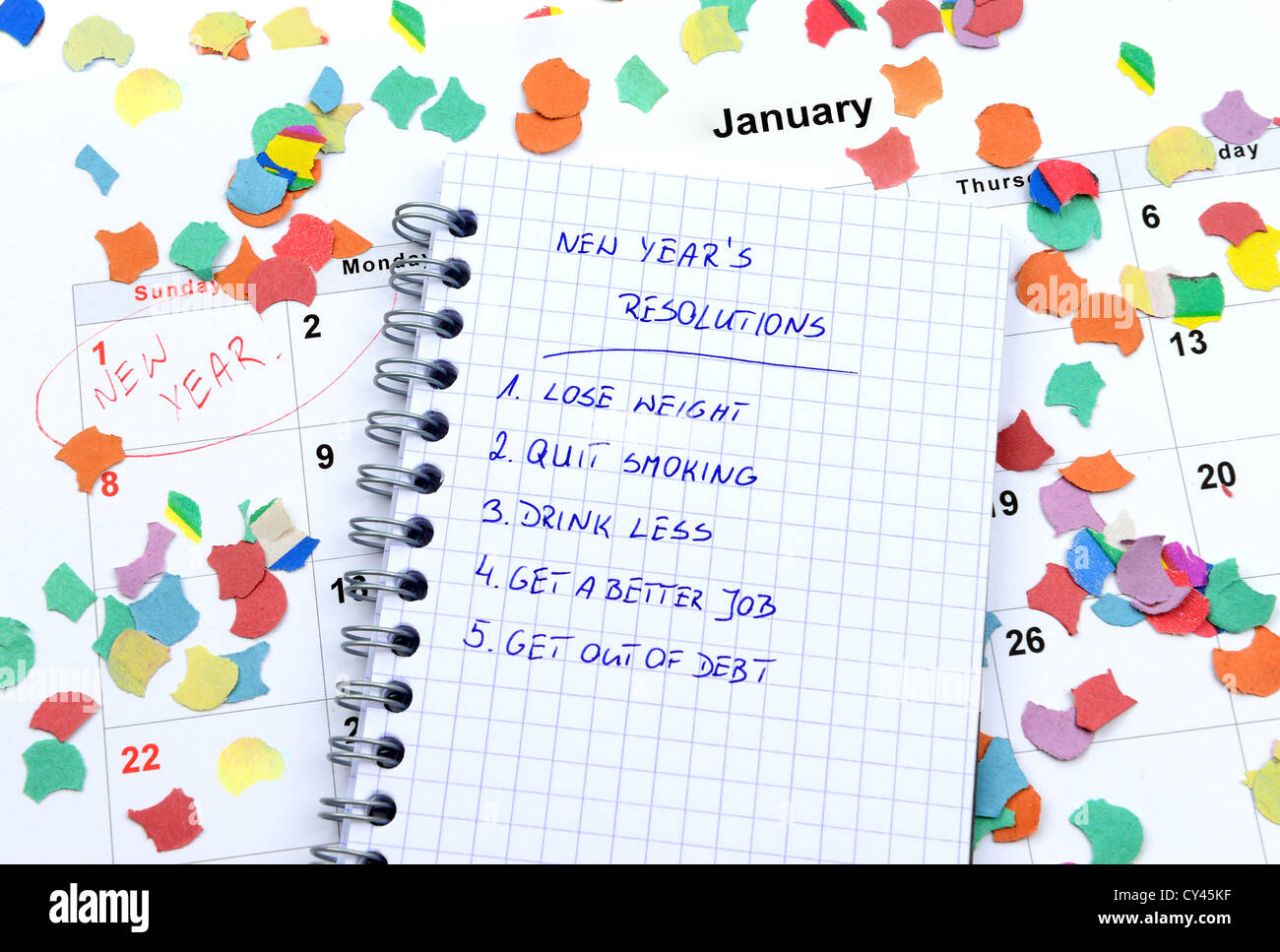 Risoluzioni del nuovo anno elencati nel cerchio notepad Foto Stock