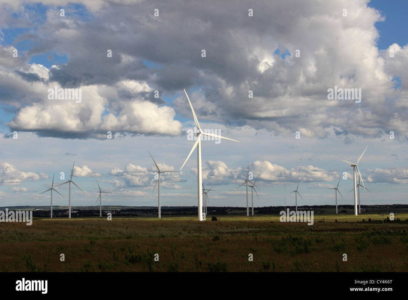 Wind Farm Nova Scotia Canada Amherst Canadian Maritimes turbina eolica energia verde energia elettrica mulini a vento pale generando Foto Stock