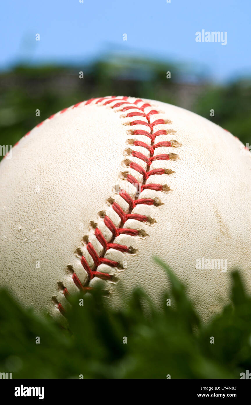 Il baseball posa su erba e cielo blu Foto Stock