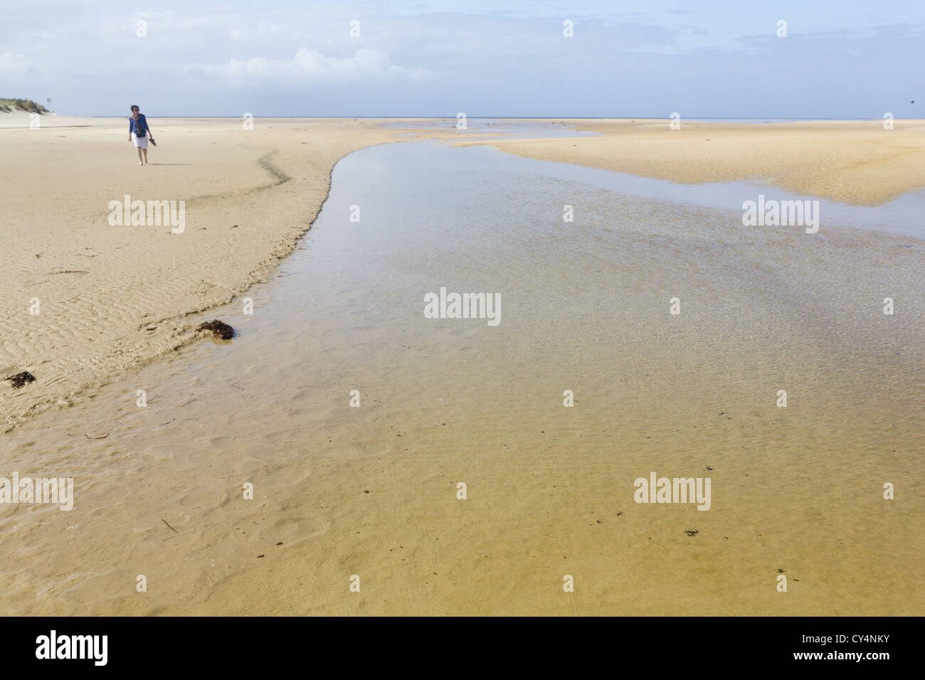 La donna a piedi lungo la spiaggia di Manyana, NSW Foto Stock