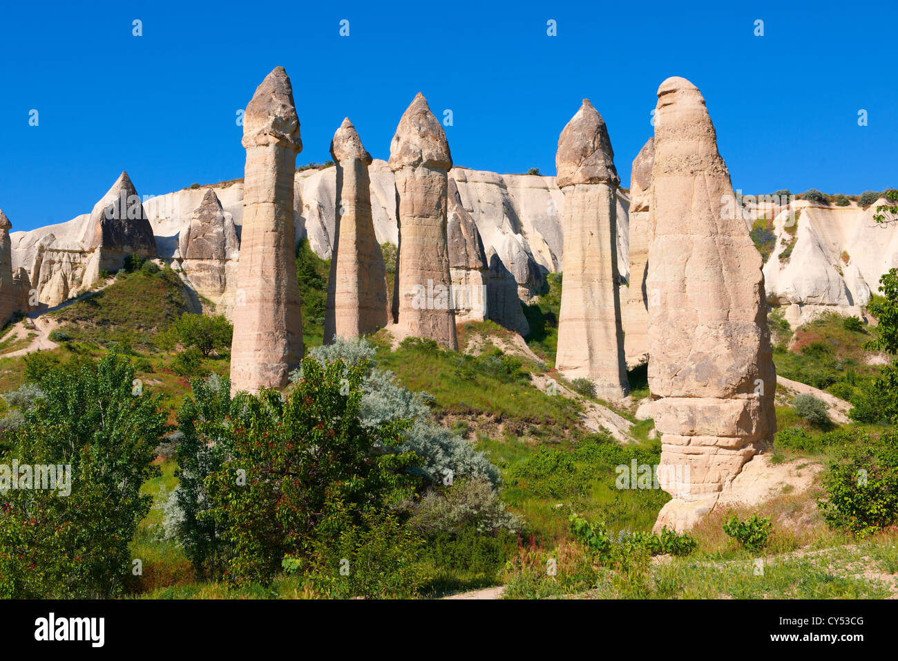 Le formazioni rocciose del camino delle fate della Valle dell'Amore, vicino a goreme, Cappadocia Foto Stock