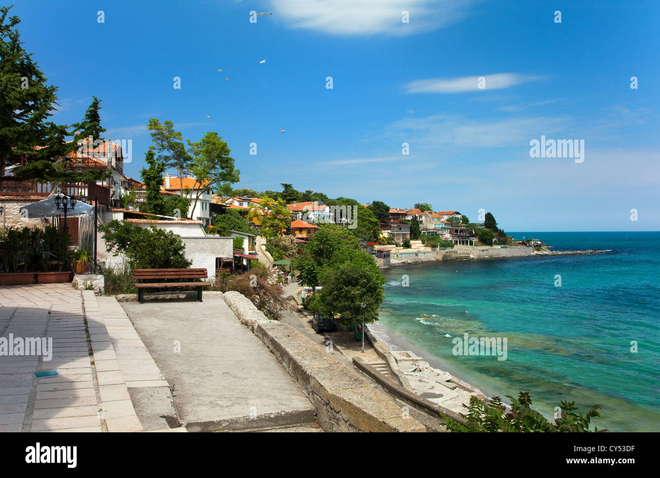 Vista della vecchia città di Nessebar e mare, Bulgaria Foto Stock