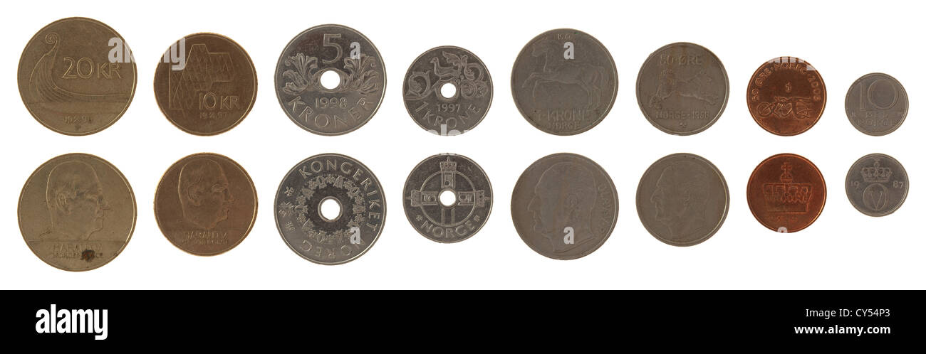 Norwegian krone monete isolato su bianco Foto Stock