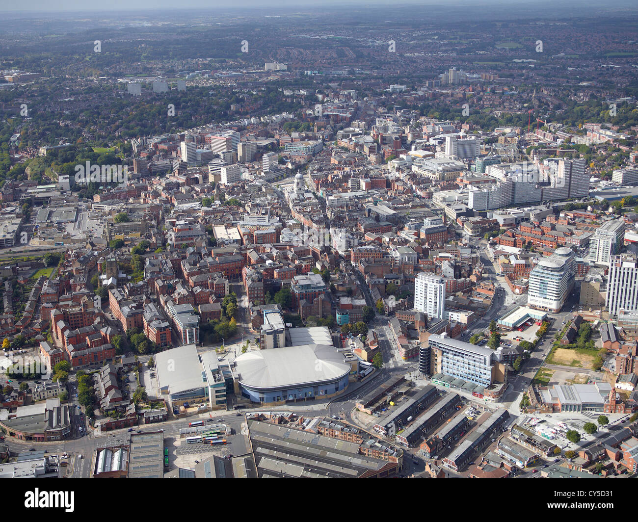 Vista aerea del centro citta' di Nottingham East Midlands, Inghilterra, Regno Unito, Arena in primo piano Foto Stock