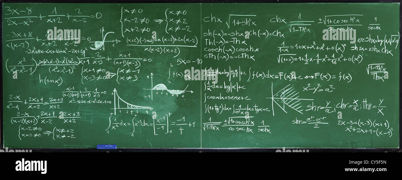 Primo piano immagine della lavagna classica con testo di matematica Foto Stock