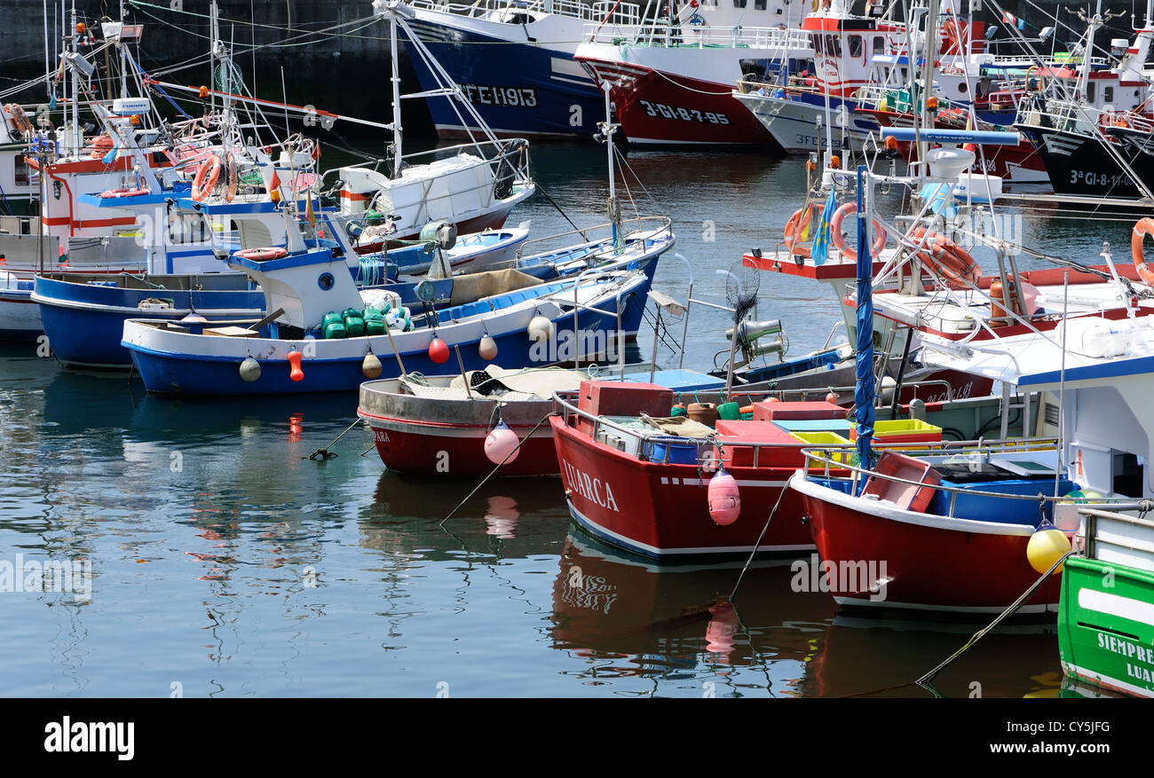 Barche da pesca di varie dimensioni in Luarca porto. Luarca, Asturias, Spagna Foto Stock