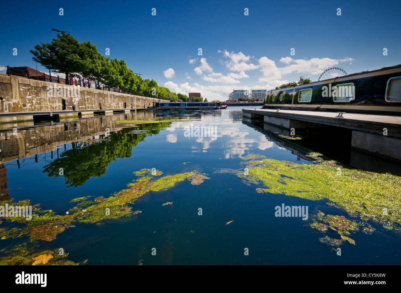 Albert Dock a Liverpool City Centre, ormeggio con riflessi blu del cielo in acqua blu Foto Stock